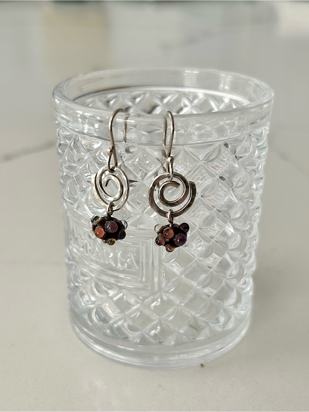 Sterling Silver Artisan Spiral Drop Earrings with Glass Bead Clusters
